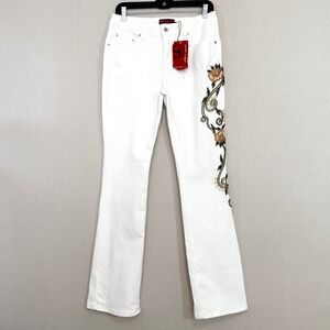 White Floral Embroidered Beaded Bootcut Stretch Denim Jeans Womens 6x32 Y2K